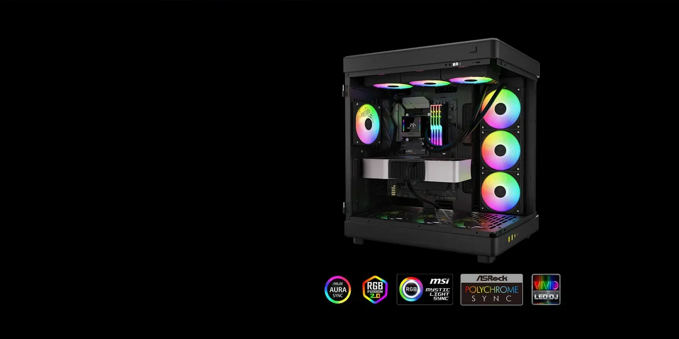 Gamdias Chione E4-360 showing RGB lighting effects across the fans and water block