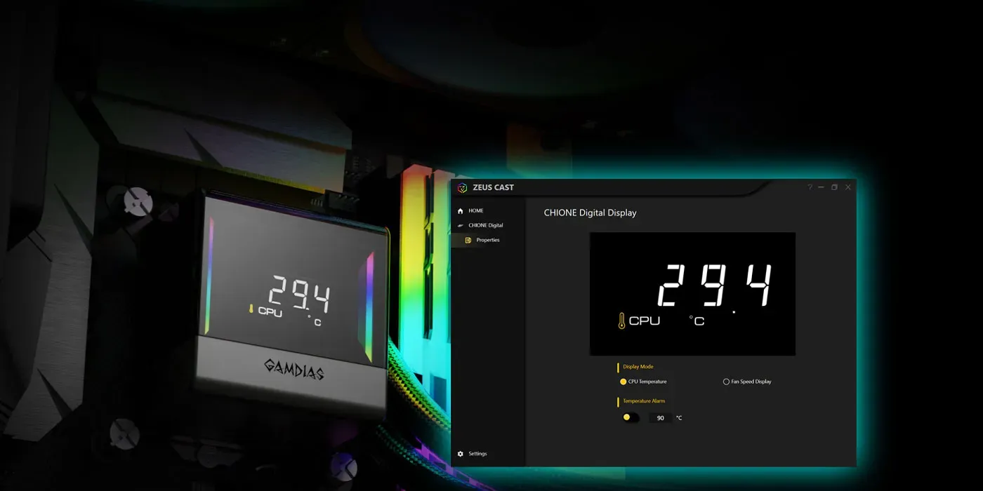 ZEUS CAST software display modes shown on the Chione E4-360 water block
