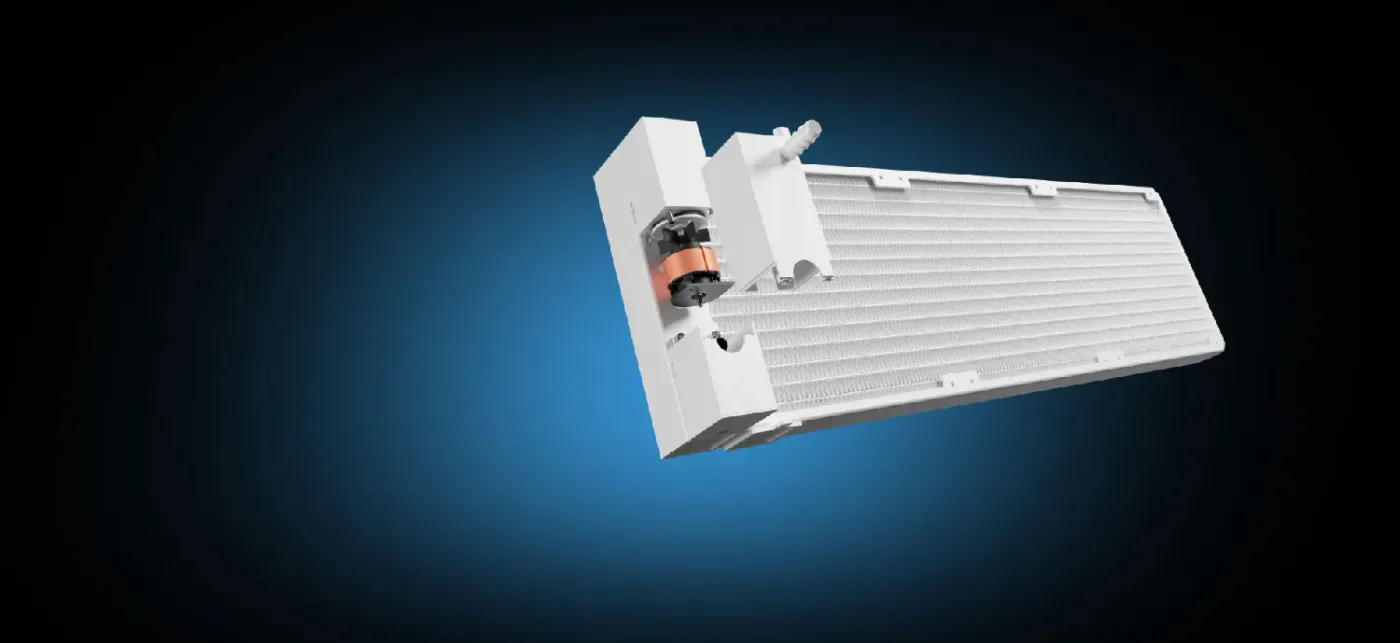 Patented PWM pump mounted at the side of the Chione E4-420 radiator