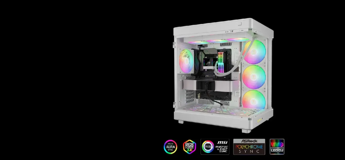 RGB lighting effects on the white Gamdias Chione cooler fans and block