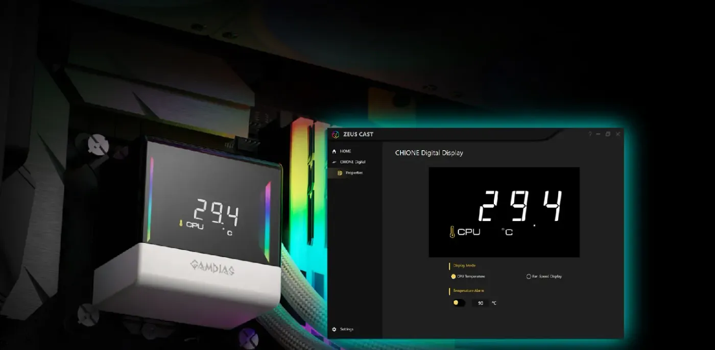 ZEUS CAST software display modes shown on the white Chione water block