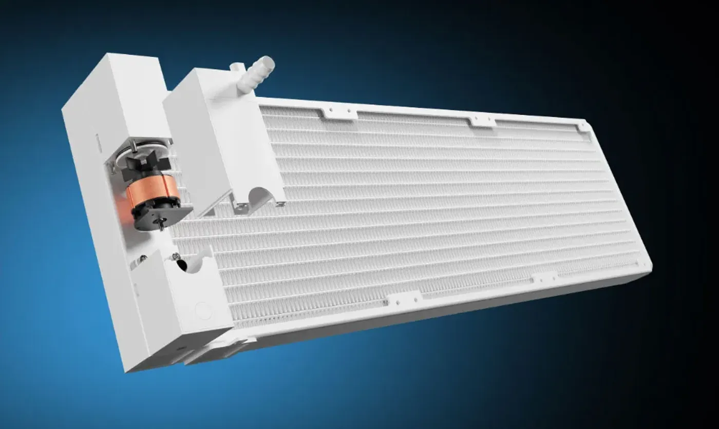Gamdias Chione E4-420 radiator showing the upgraded PWM pump placement