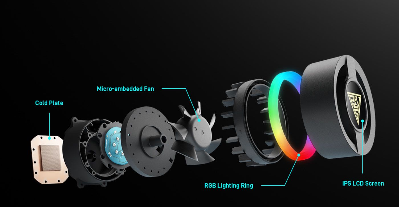 Gamdias CHIONE P3 pump housing with its three-phase motor and copper cold plate