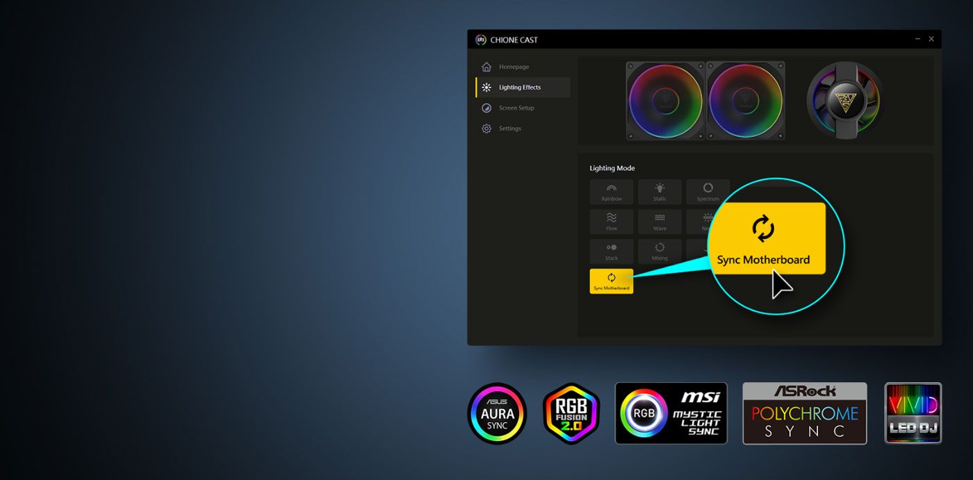 Addressable ARGB lighting effects across the CHIONE P3 pump and fans