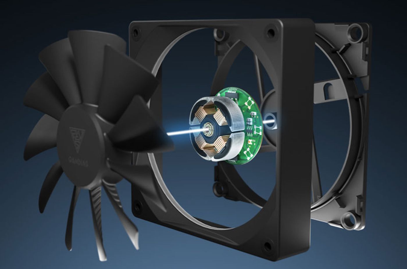 Close-up of the AEOLUS M3 fan's hydraulic bearing for quiet and reliable operation