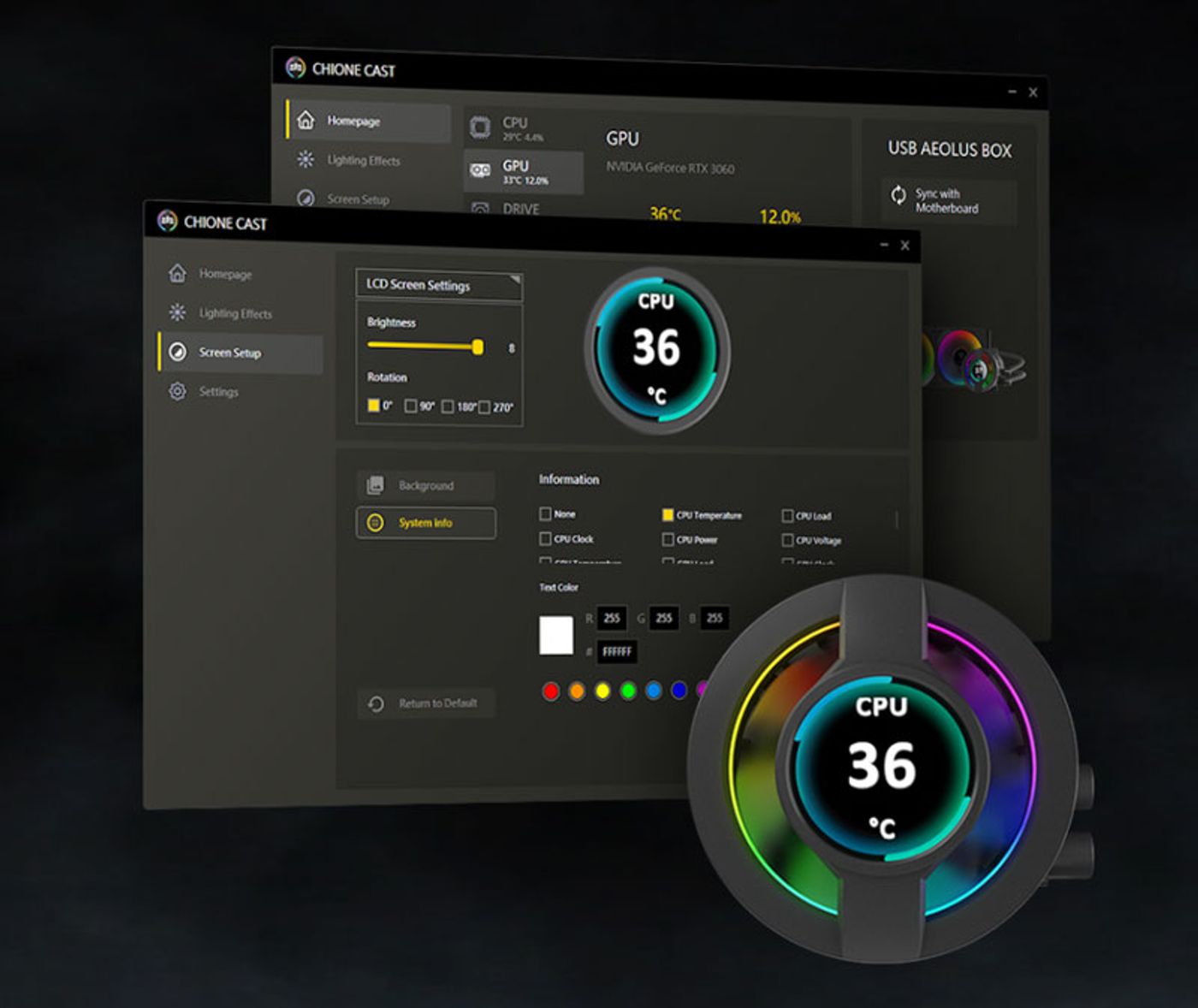 Gamdias Chione P3-360U displaying real-time system performance statistics and monitoring interface