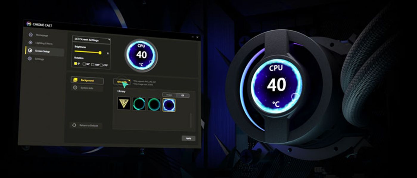Gamdias Chione P3-360U software interface showing customizable images and system metrics