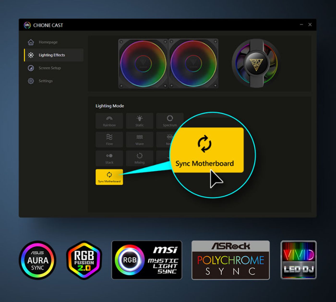 Gamdias Chione P3-360U featuring addressable RGB lighting effects customized via software