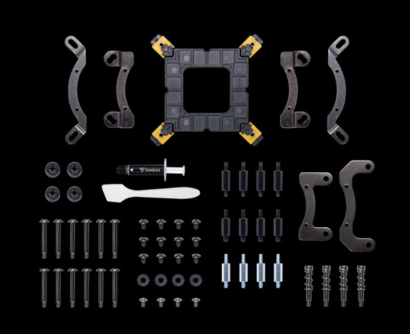 Gamdias Chione P3-360U showing mounting kit and broad compatibility with modern CPU sockets