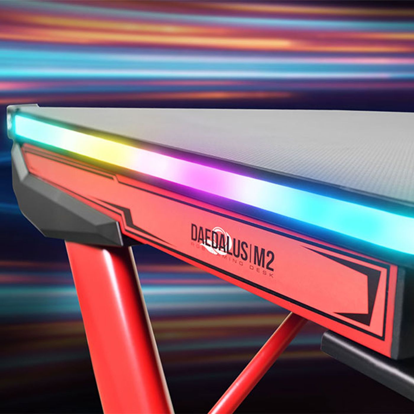 Gamdias Daedalus M2 RGB Gaming Desk showcasing dual ARGB lighting effects