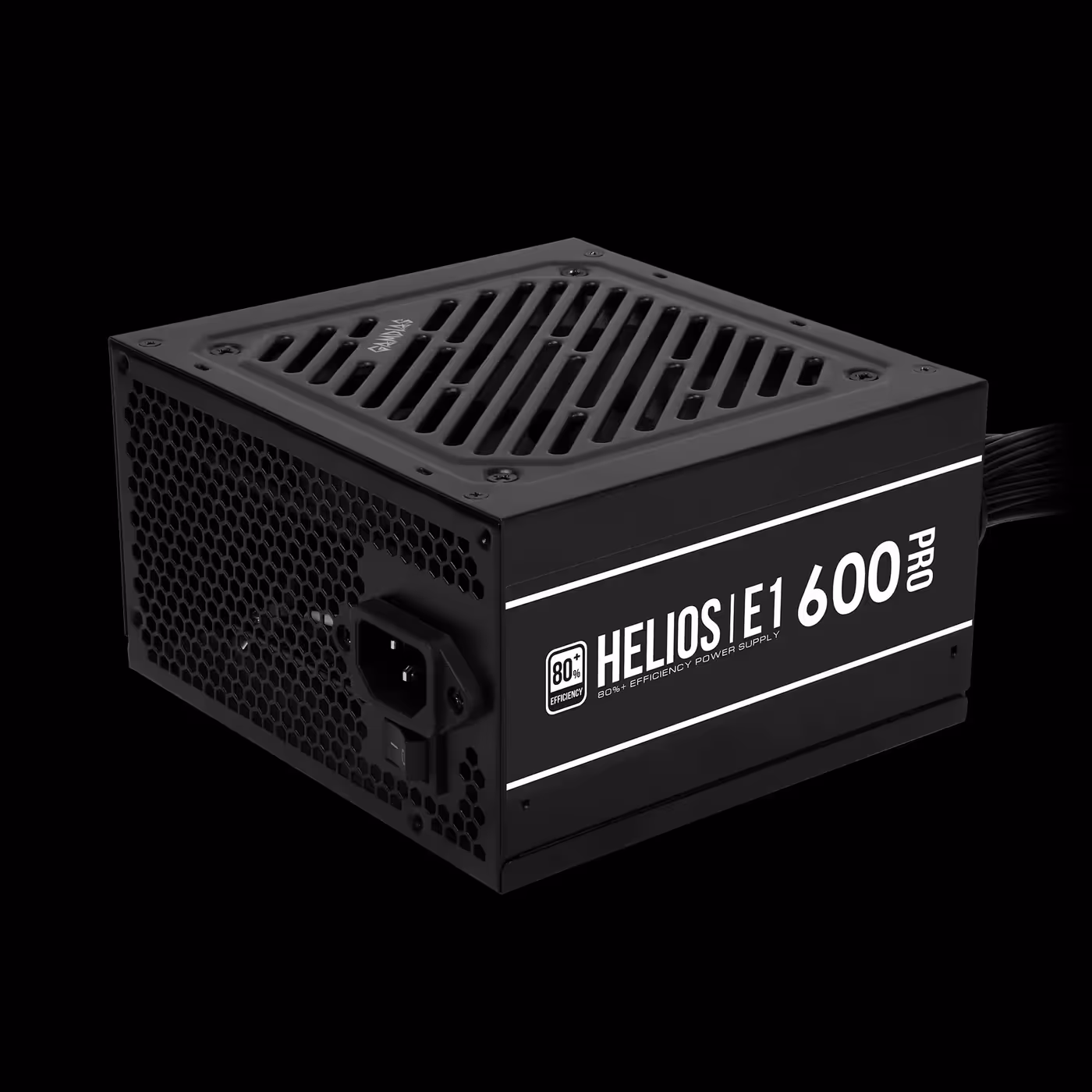 Black GAMDIAS HELIOS E1-600 PRO power supply, three-quarter view with slotted fan grille and side name