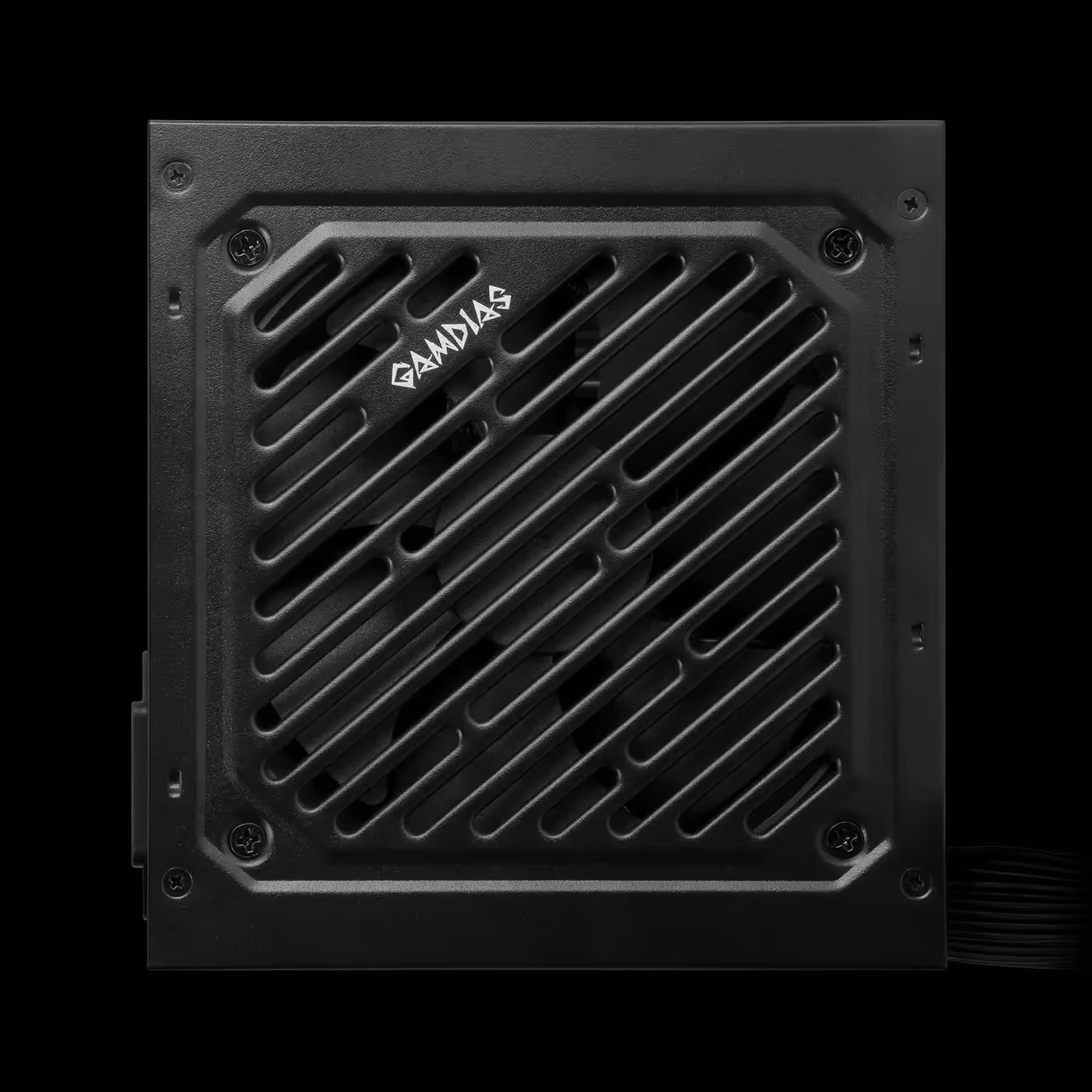 Slotted fan grille with the GAMDIAS logo on the black HELIOS E1-600 PRO, seen face on