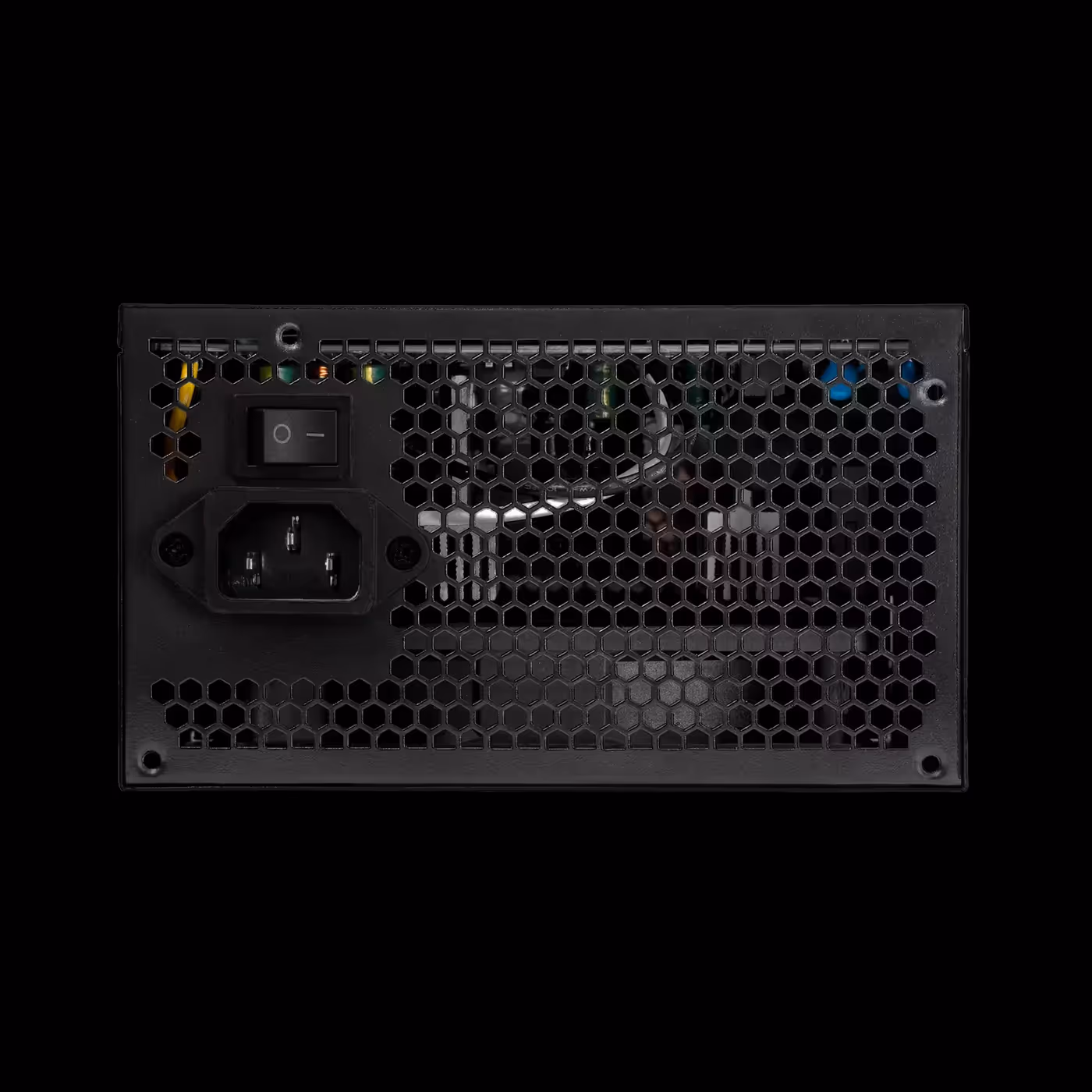 Rear panel of the black GAMDIAS HELIOS E1-600 PRO with AC inlet, power switch and honeycomb vent