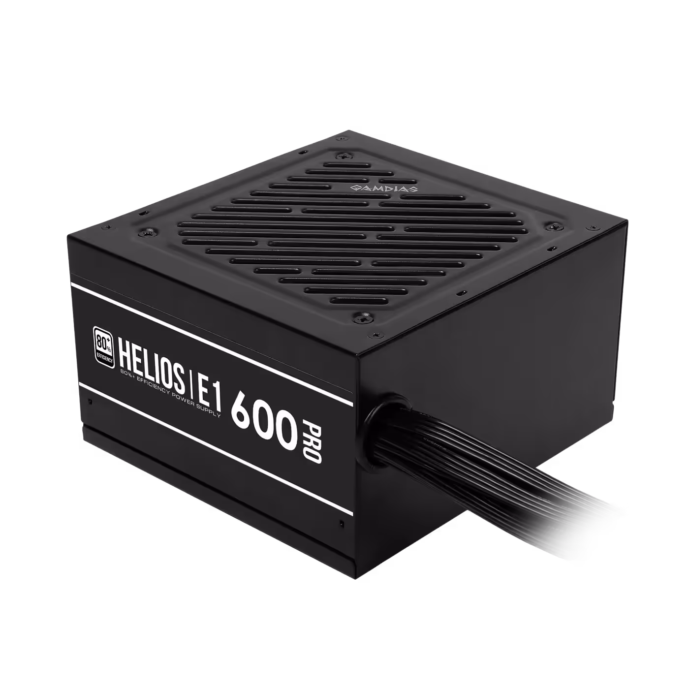 Black GAMDIAS HELIOS E1-600 PRO power supply with fixed cables, three-quarter view