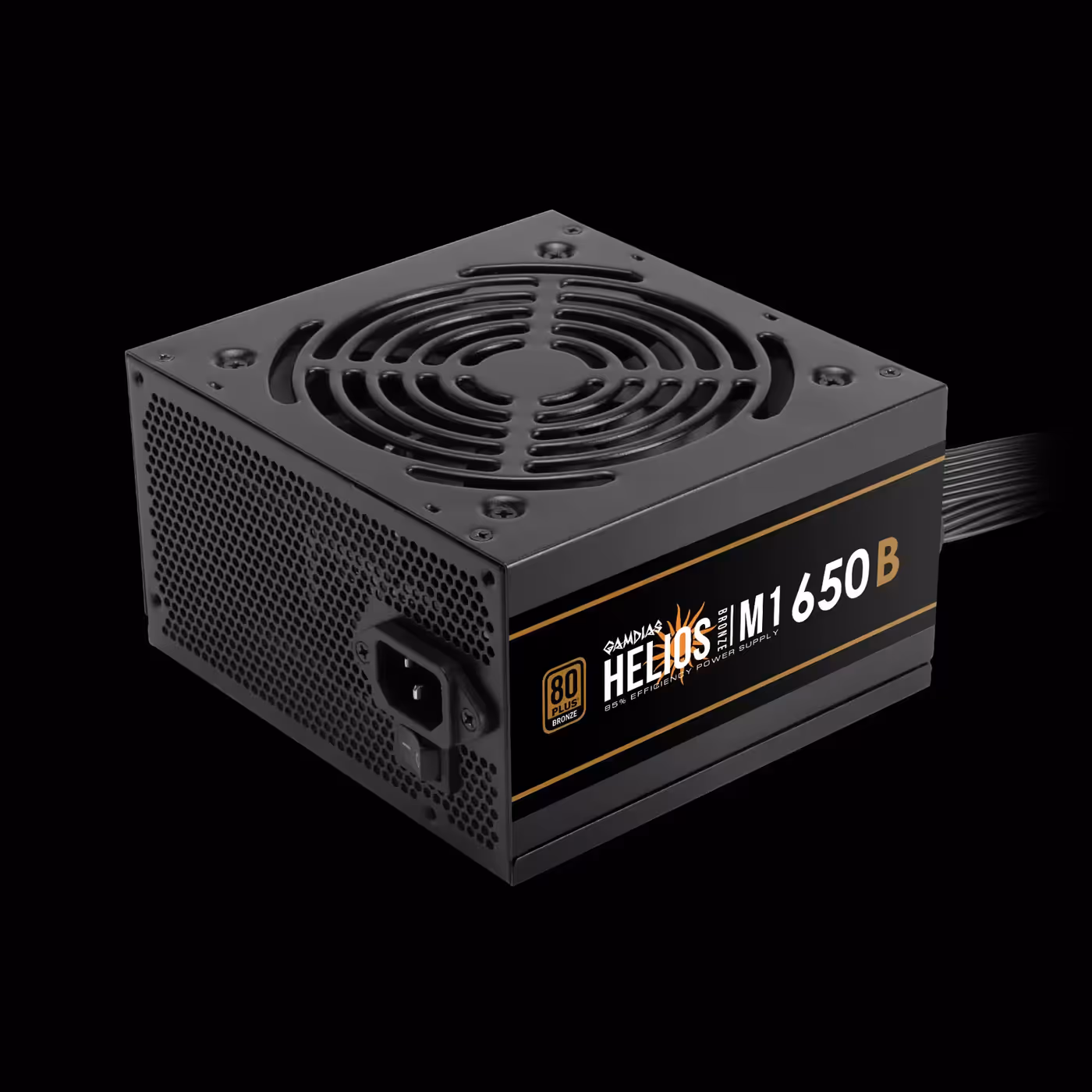 Black GAMDIAS HELIOS M1-650B power supply, three-quarter view with round fan guard and gold side stripes