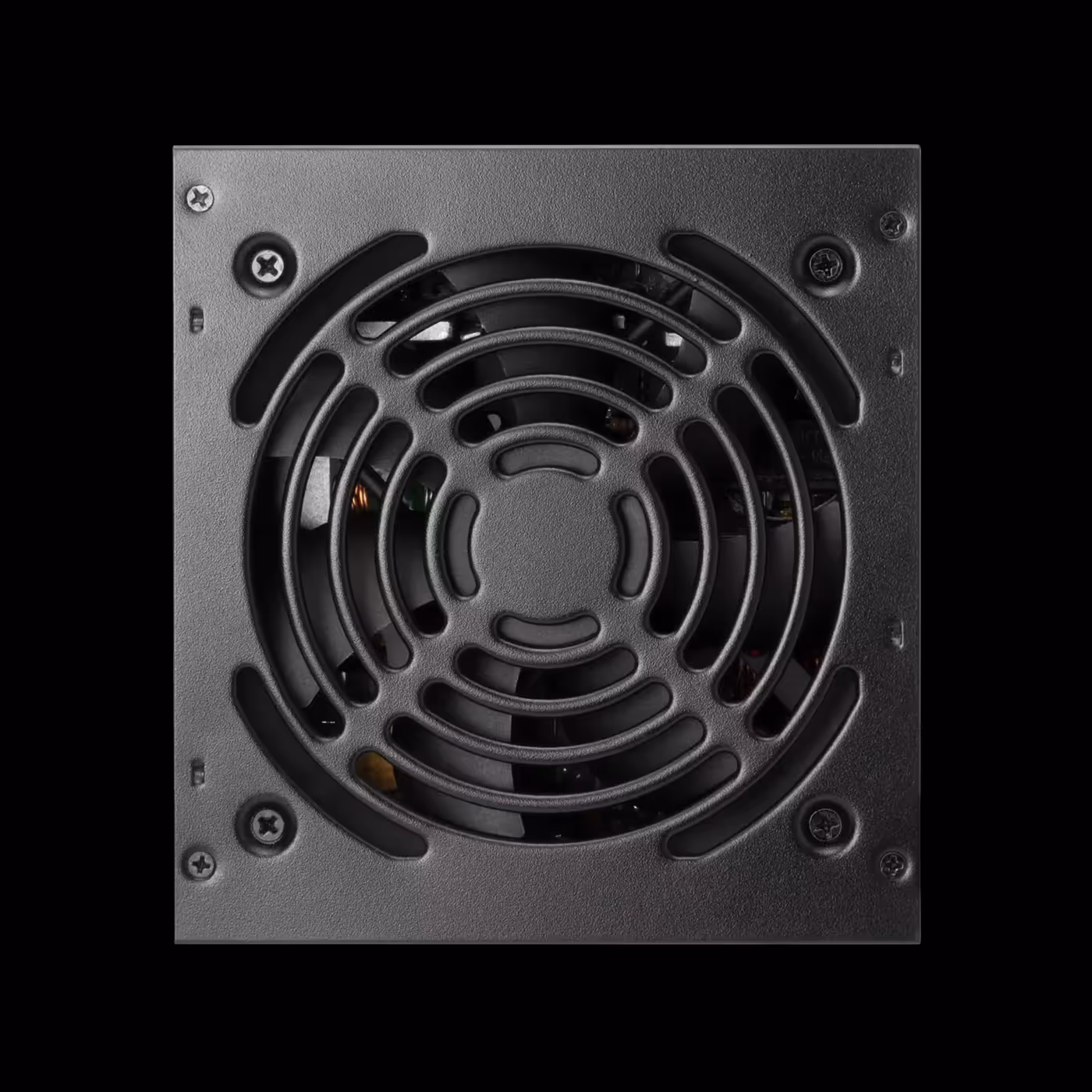 Round ringed fan guard on the black GAMDIAS HELIOS M1-650B, seen face on
