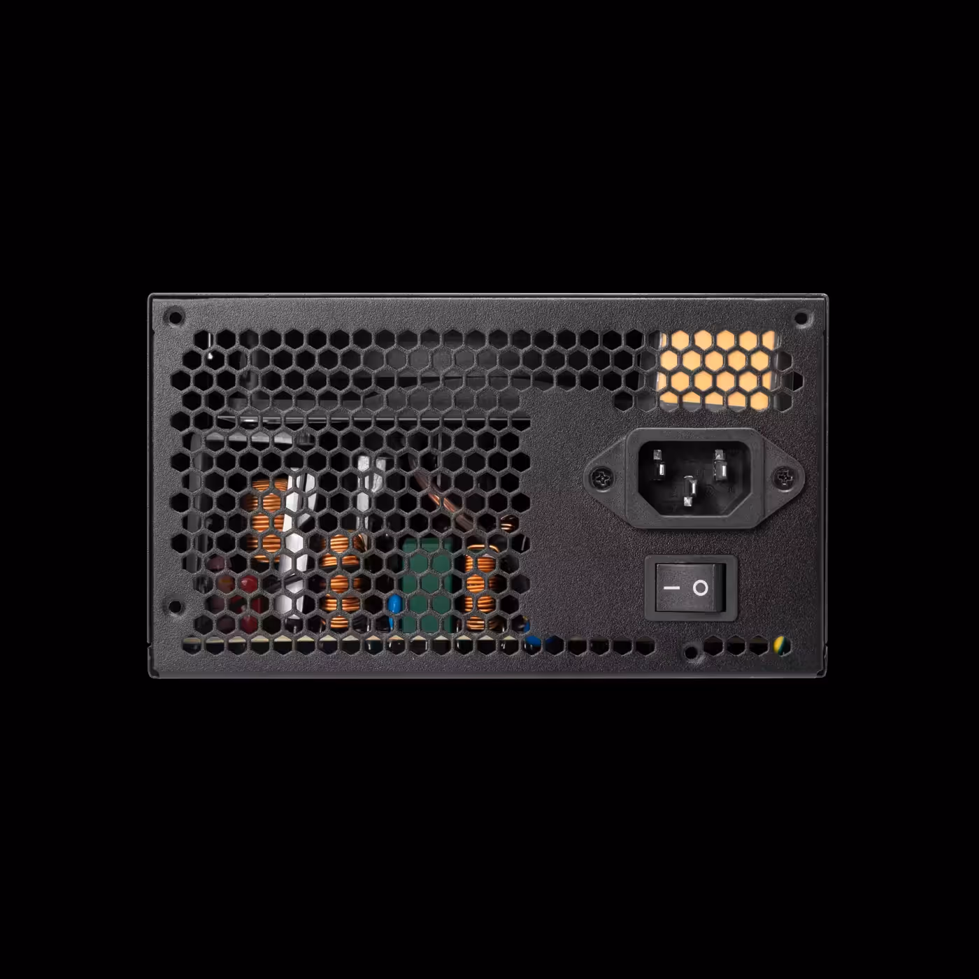 Rear panel of the black GAMDIAS HELIOS M1-650B with honeycomb vent, AC inlet and power switch