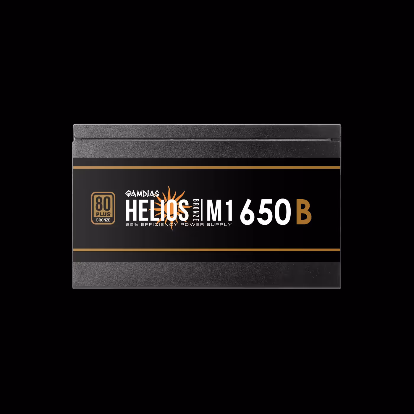 Side of the black GAMDIAS HELIOS M1-650B with the HELIOS M1 650B name and an 80 Plus Bronze badge