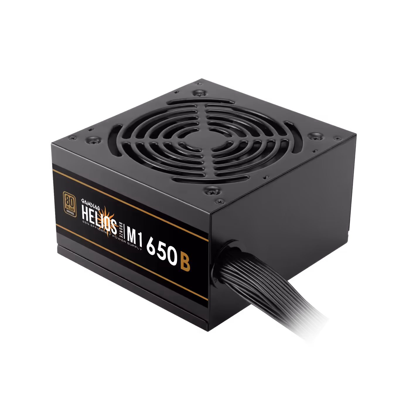 Black GAMDIAS HELIOS M1-650B power supply with fixed cables, three-quarter view