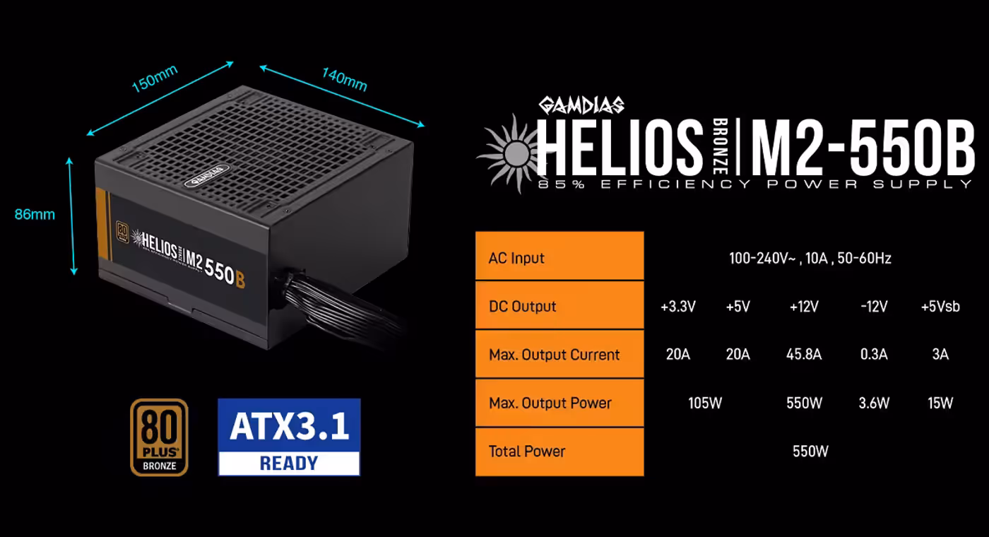 Gamdias HELIOS M2-550B power supply showing its housing and output rating label