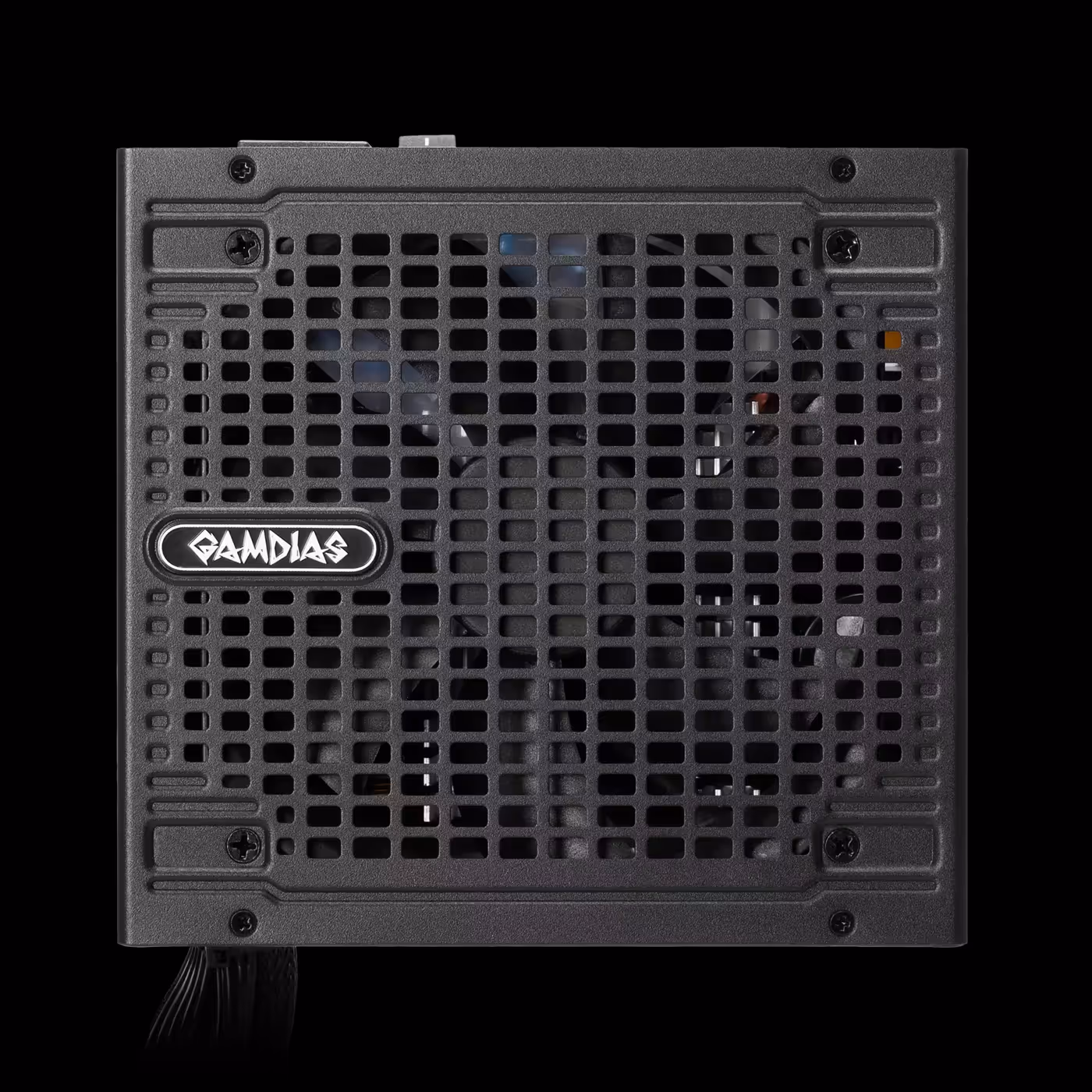Perforated square-hole fan grille with GAMDIAS badge on the black HELIOS M2-650B, seen face on
