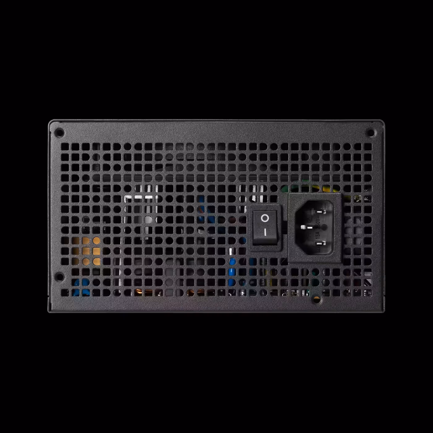 Rear panel of the black GAMDIAS HELIOS M2-650B with AC inlet, power switch and perforated vent