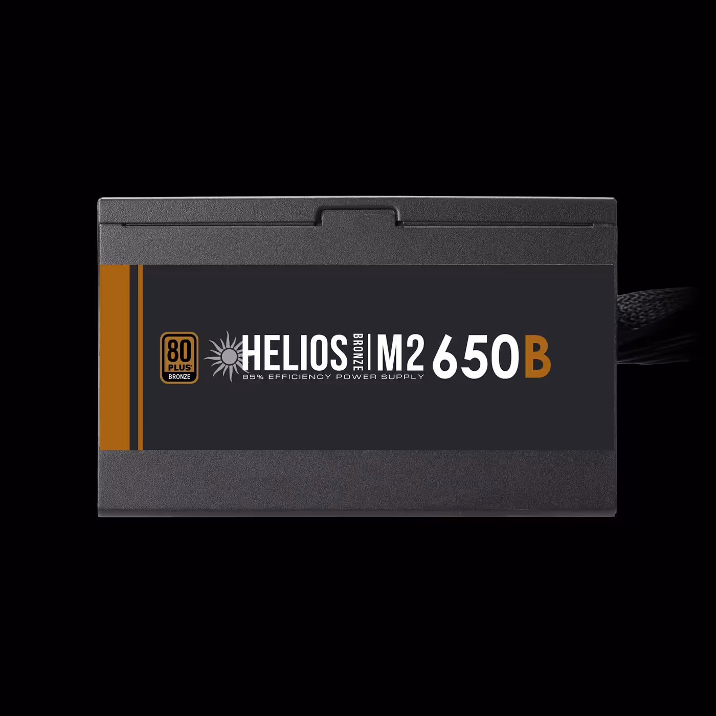 Side of the black GAMDIAS HELIOS M2-650B with the HELIOS M2 650B name and an 80 Plus Bronze badge