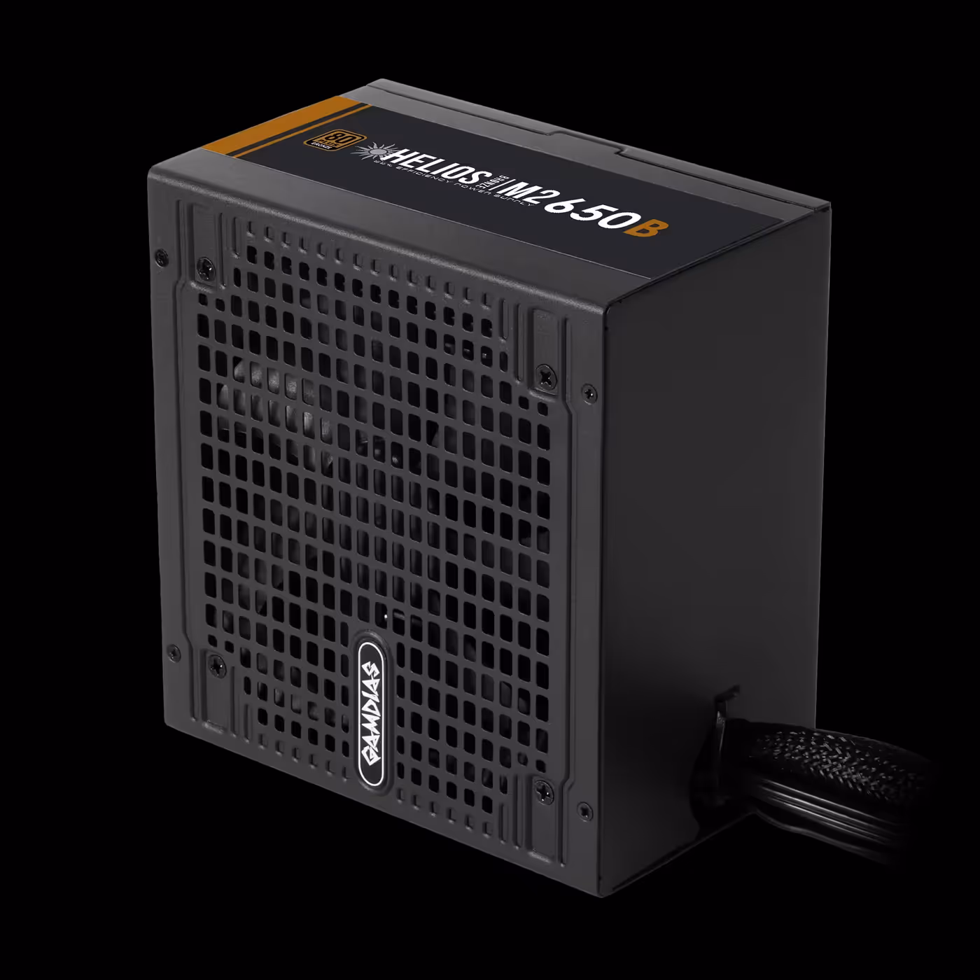 Black GAMDIAS HELIOS M2-650B from the fan side with its fixed black cable bundle