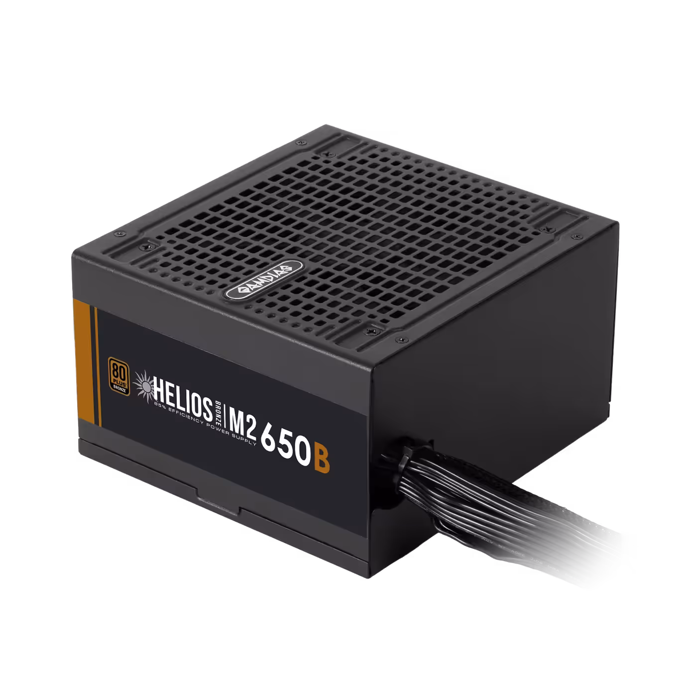 Black GAMDIAS HELIOS M2-650B power supply with fixed cables, three-quarter view