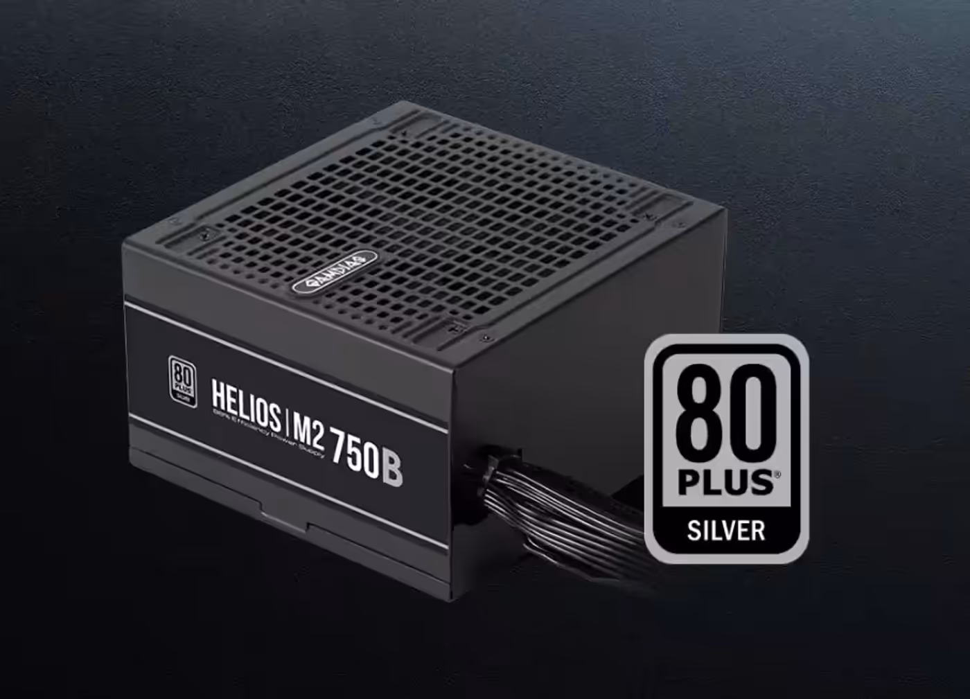 Gamdias HELIOS M2 power supply highlighting 80 PLUS Silver certification and efficiency