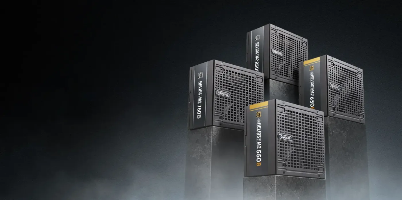 Gamdias HELIOS M2 power supply unit shown against a dark background