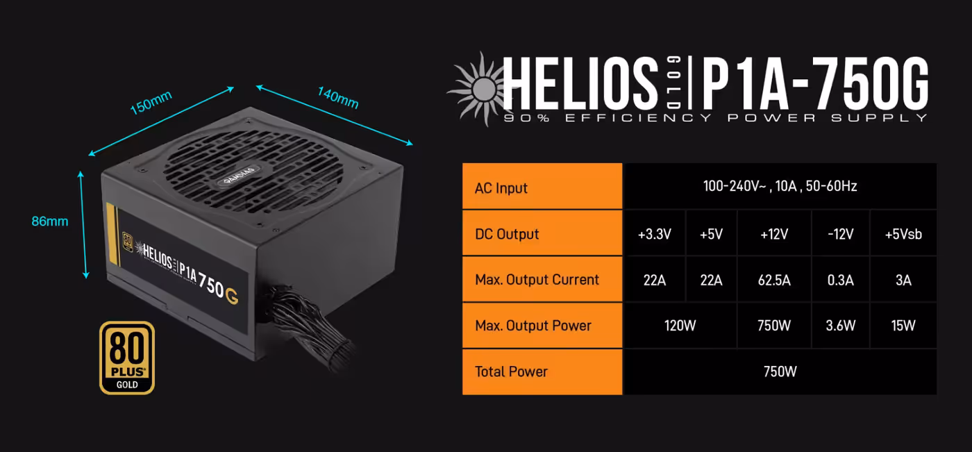 The HELIOS P1A-750G power supply with its attached flat cable set laid out