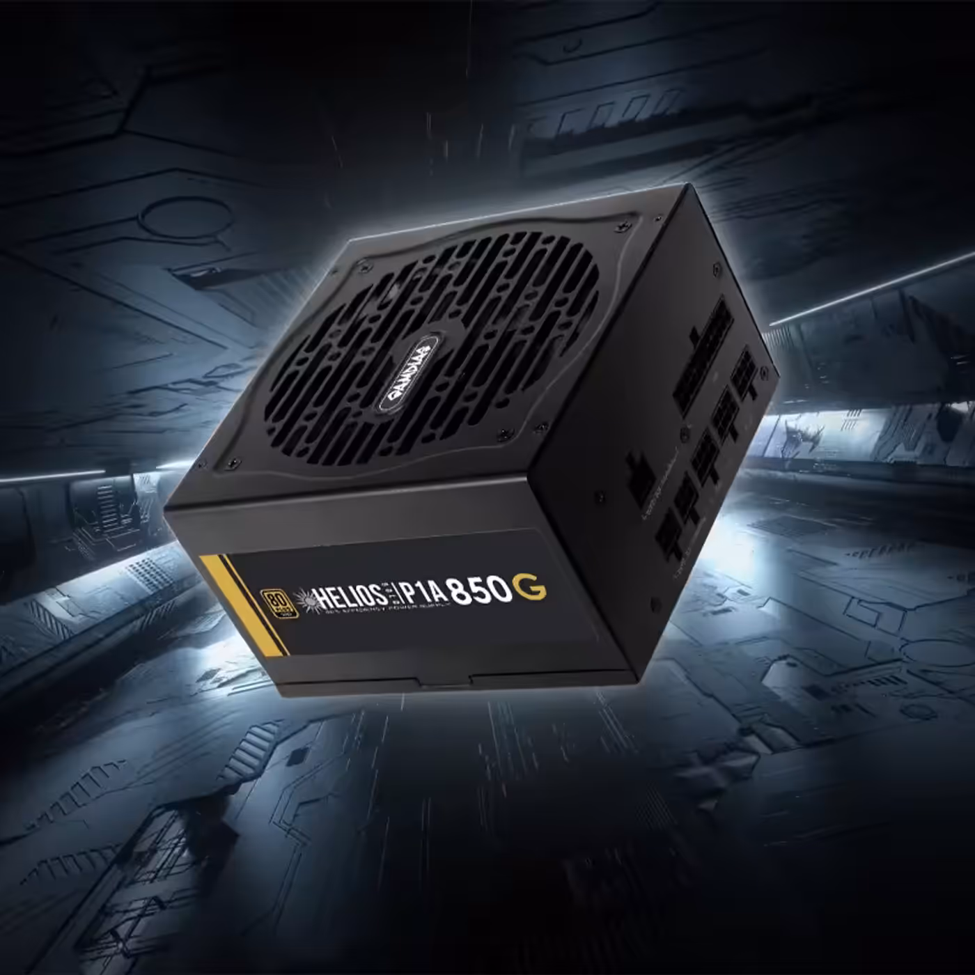 Gamdias HELIOS P1A-850G 850W Power Supply showing flat black cables and cooling fan
