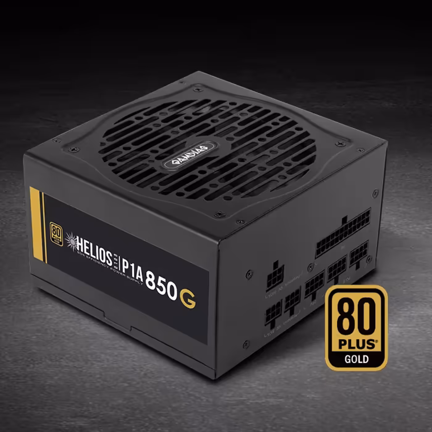 Gamdias HELIOS P1A-850G power supply highlighting 80 PLUS GOLD efficiency certification