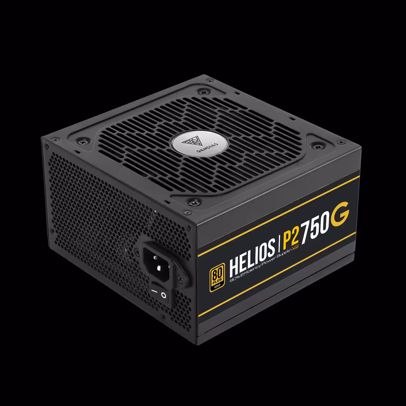 Black GAMDIAS HELIOS P2-750G V2 power supply, three-quarter view with fan grille and yellow side stripes