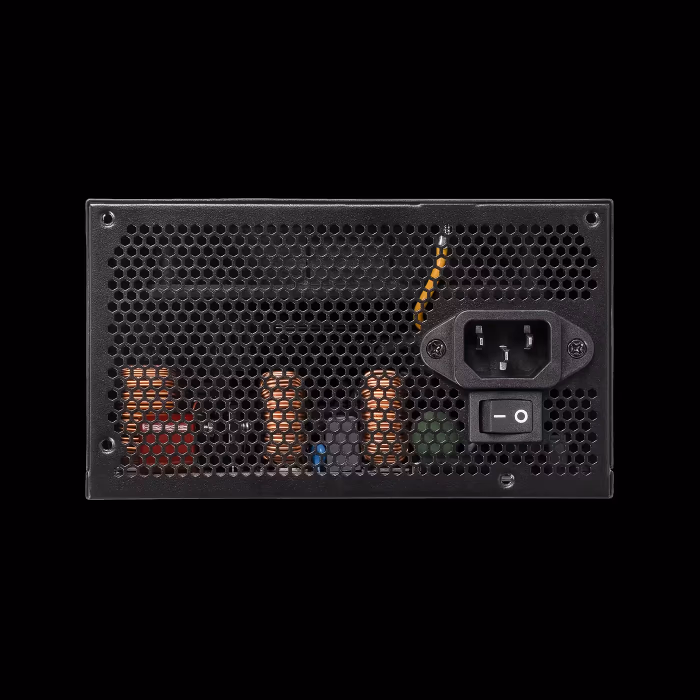Rear panel of the black GAMDIAS HELIOS P2-750G V2 with AC inlet, power switch and honeycomb vent
