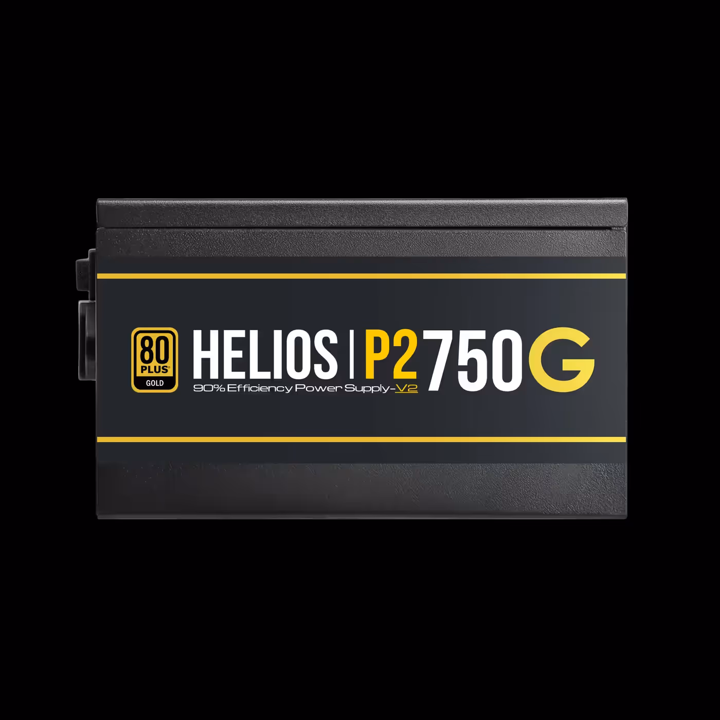 Side of the black GAMDIAS HELIOS P2-750G V2 with the HELIOS P2 750G name and an 80 Plus Gold badge
