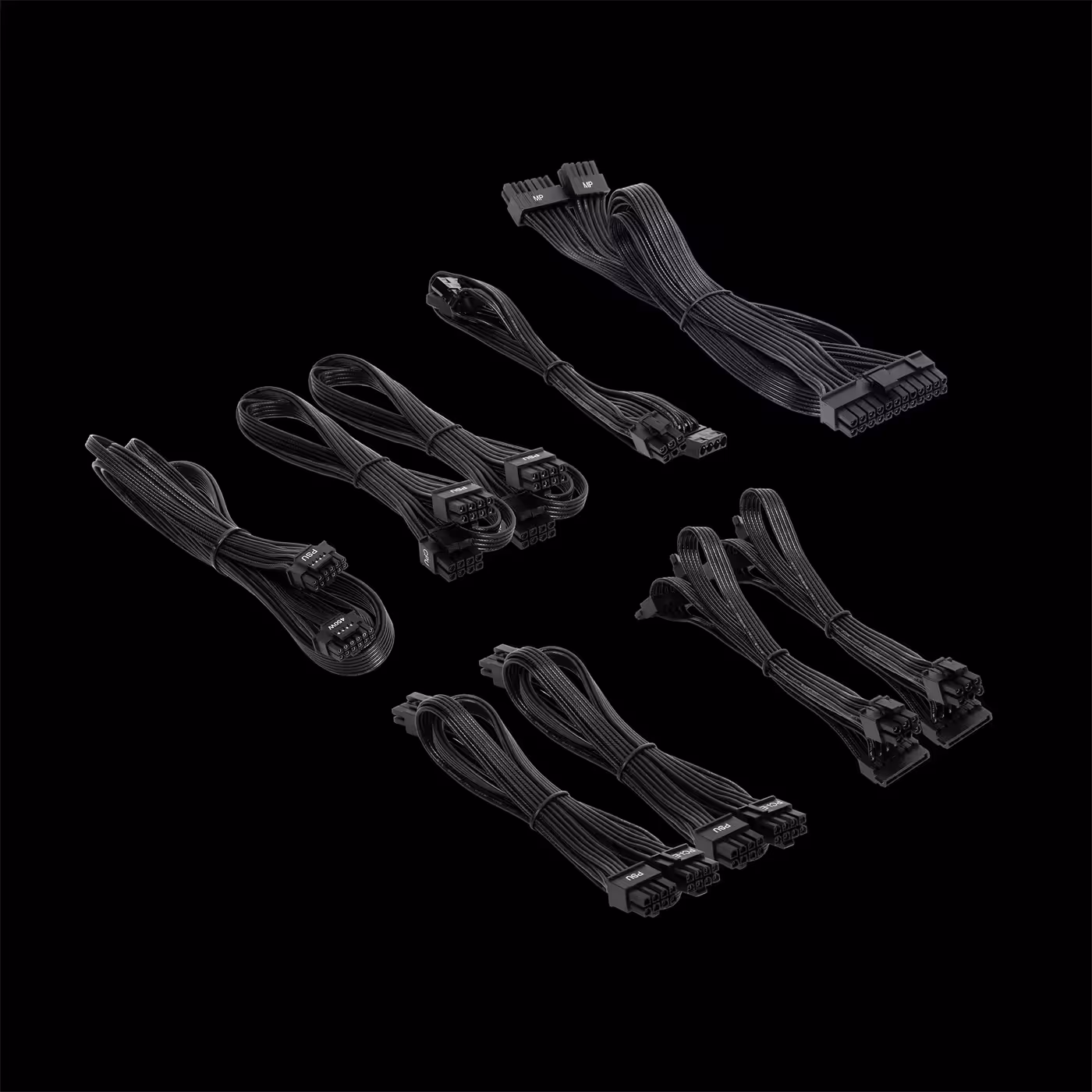 Detachable flat black modular cables of the GAMDIAS HELIOS P2-750G V2 laid out on black