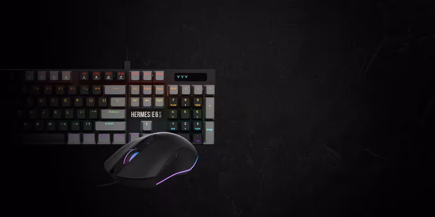 Gamdias Hermes E6 ELITE mechanical keyboard and gaming mouse shown together with RGB lighting