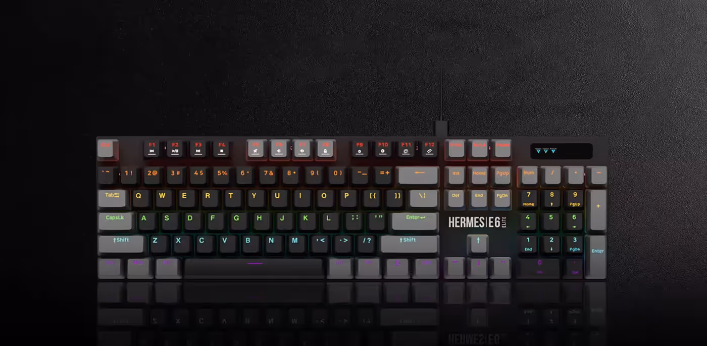 Hermes E6 ELITE keyboard showing its black and grey keycaps under multicolour backlighting