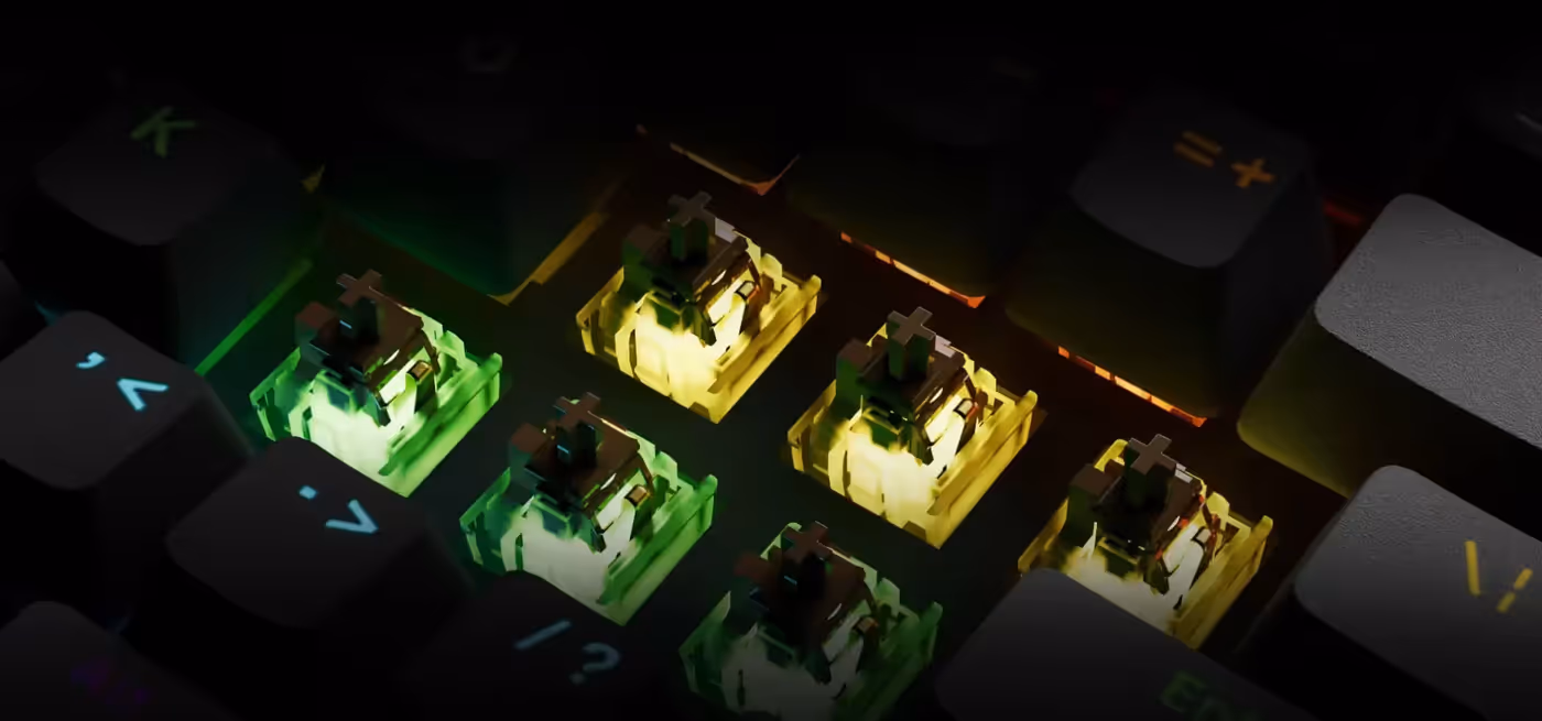Close view of a GAMDIAS Certified mechanical switch under a Hermes E6 ELITE keycap