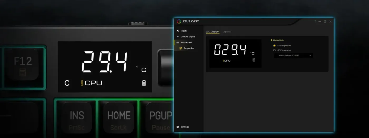 Gamdias Hermes M7 Hybrid display screen showing real-time CPU and GPU temperatures