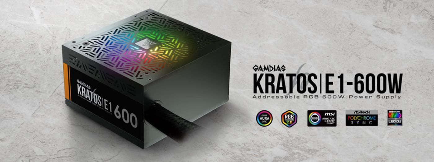 Gamdias KRATOS E1-600 RGB 600W power supply shown from the front with its lit fan