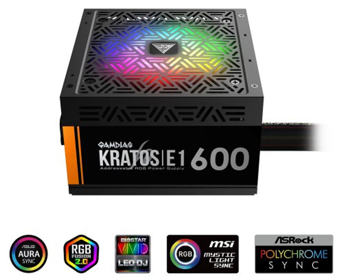 Gamdias KRATOS E1-600 RGB power supply viewed from the side showing its casing design