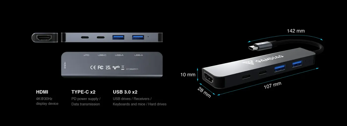 Product diagram illustrating the physical dimensions and functional layout of the hub