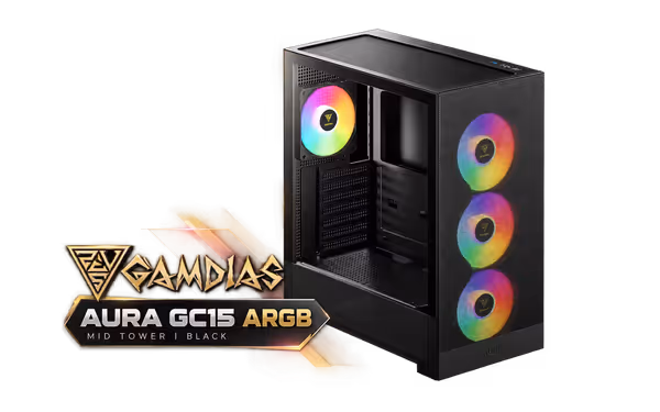 GAMDIAS AURA GC15 ARGB Mid Tower Case - Black | 4 Fans - image 1 GAMDIAS AURA GC15 ARGB Mid Tower Case - Black | 4 Fans - image 1