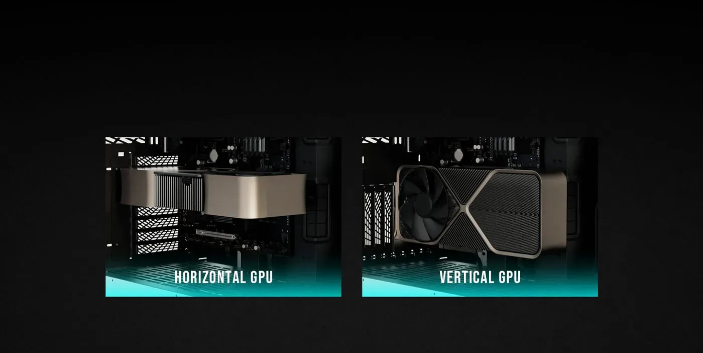 Rotatable PCIe slots supporting vertical GPU mounting in the Neso P1