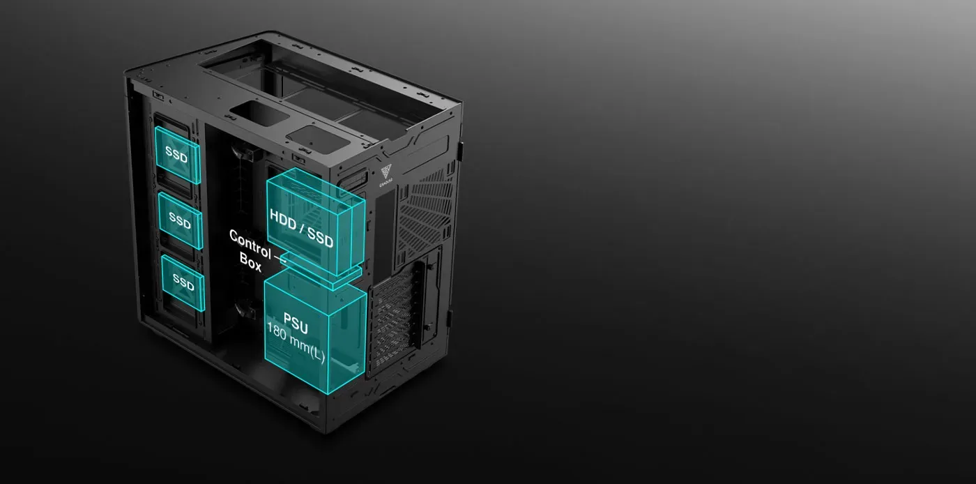 Power supply compartment and SSD bracket in the Gamdias Neso P1