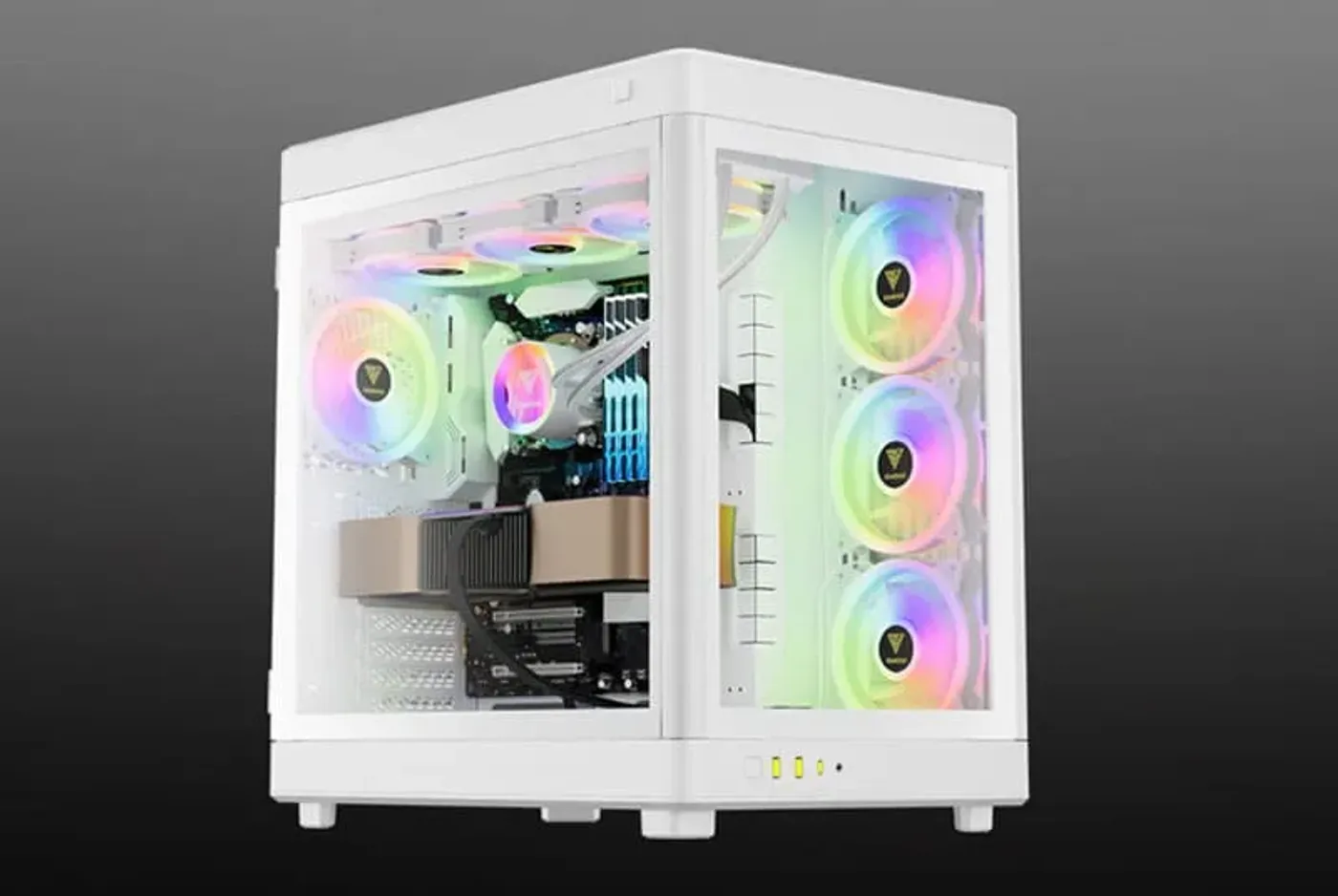 Gamdias Neso P1 Gaming Case showcasing internal hardware with panoramic design