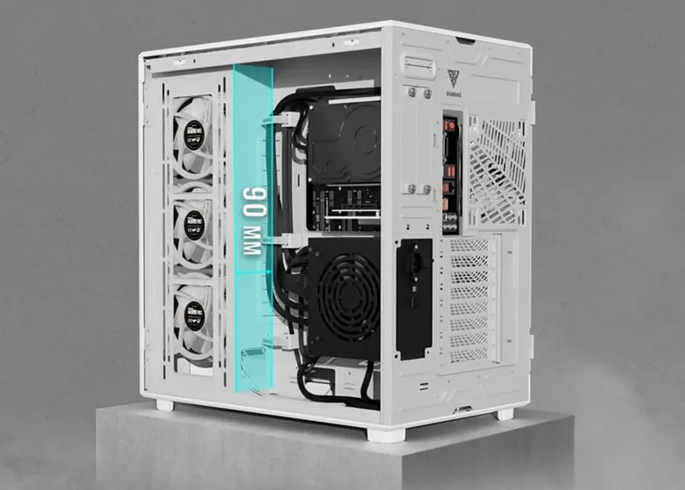 Gamdias Neso P1 Gaming Case interior showing hidden 90mm deep cable management compartment